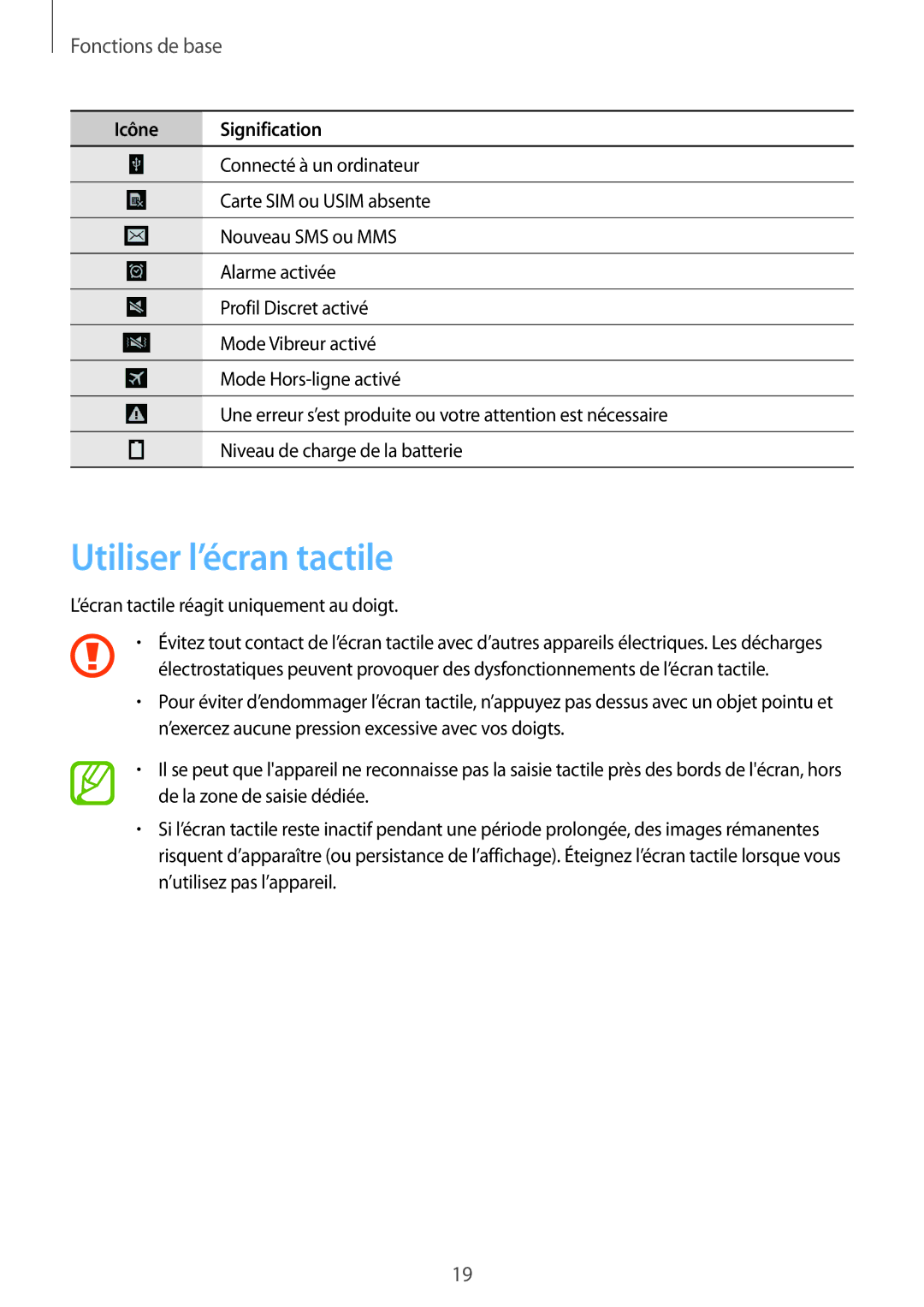 Samsung SM-T335NYKAXEF manual Utiliser l’écran tactile, Fonctions de base 