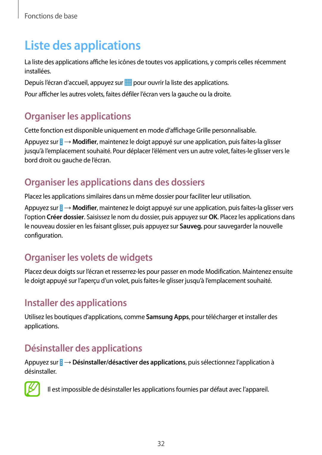 Samsung SM-T335NYKAXEF manual Liste des applications, Organiser les applications dans des dossiers 