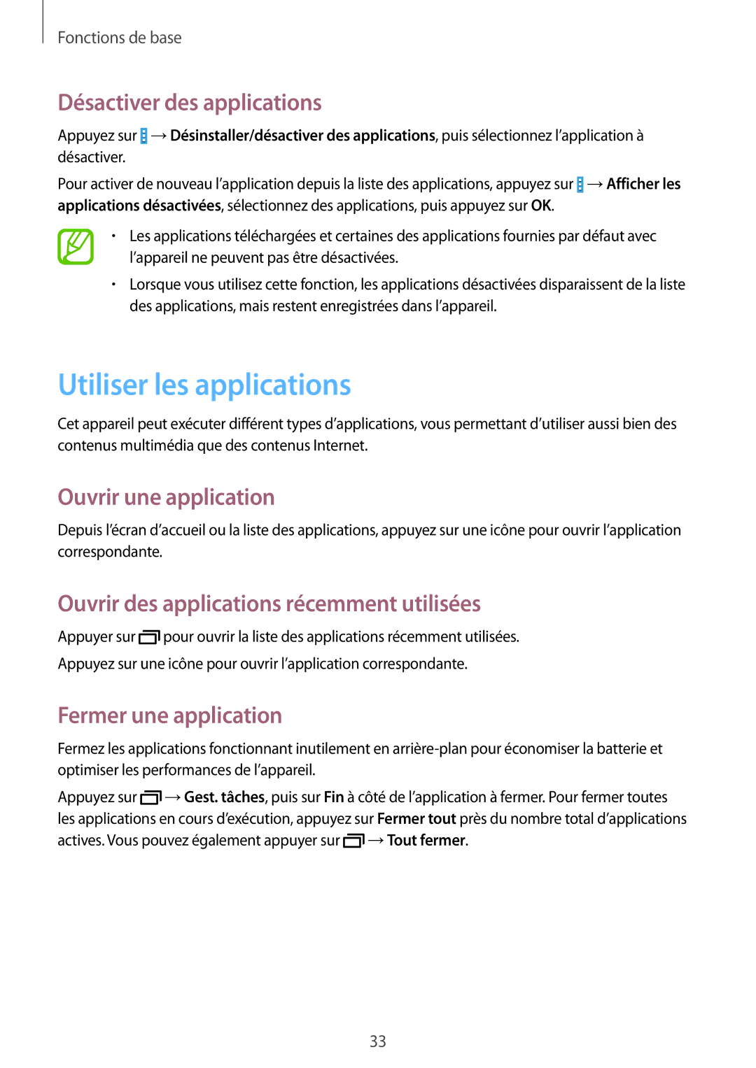 Samsung SM-T335NYKAXEF manual Utiliser les applications, Désactiver des applications, Ouvrir une application 