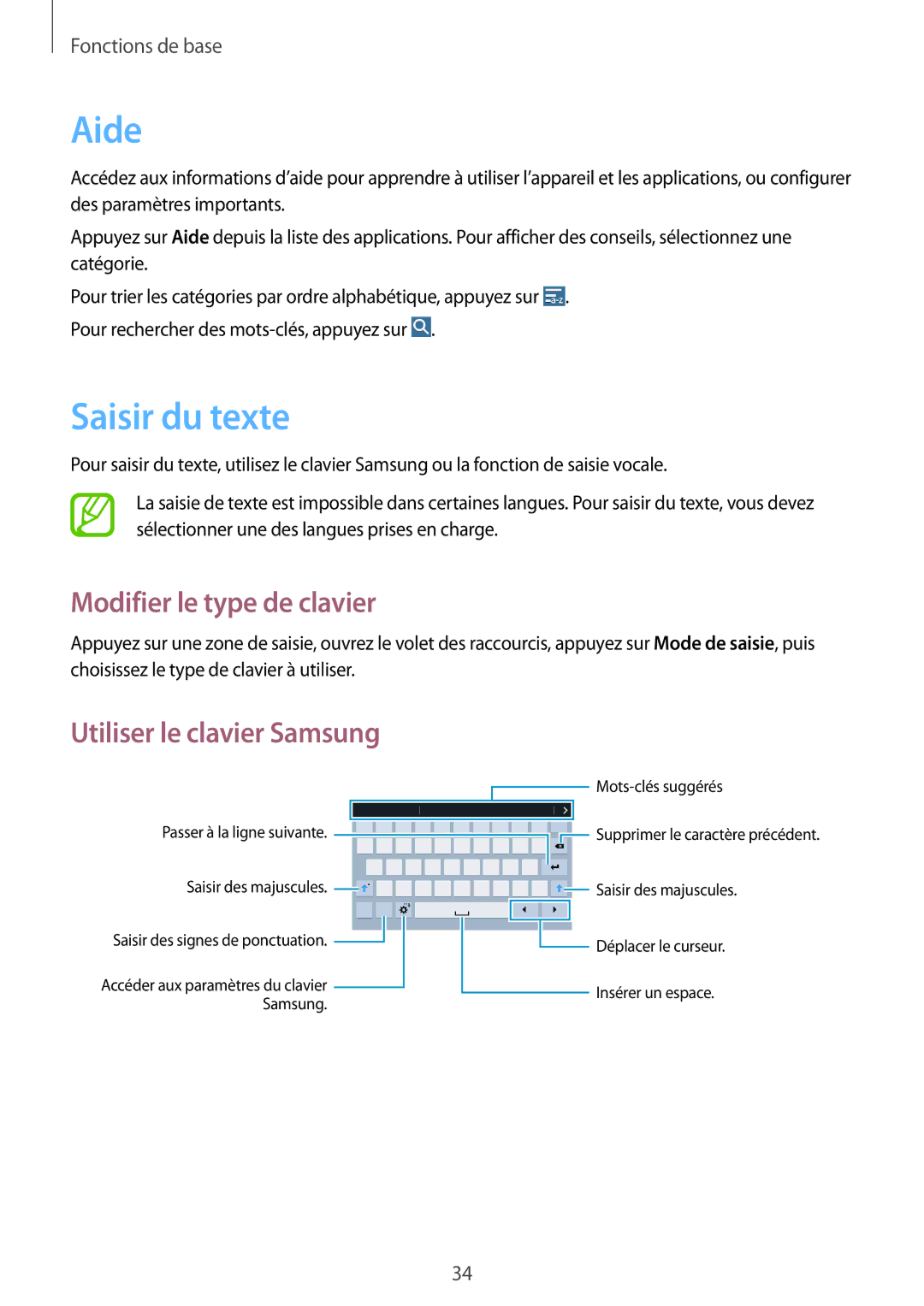 Samsung SM-T335NYKAXEF manual Aide, Saisir du texte, Modifier le type de clavier, Utiliser le clavier Samsung 