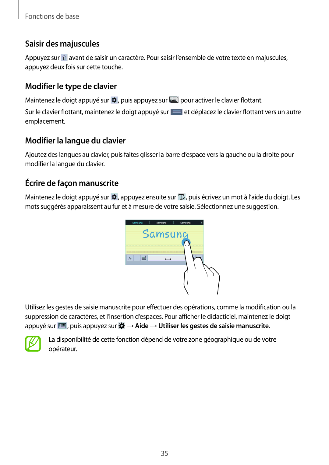 Samsung SM-T335NYKAXEF manual Saisir des majuscules, Modifier le type de clavier, Modifier la langue du clavier 