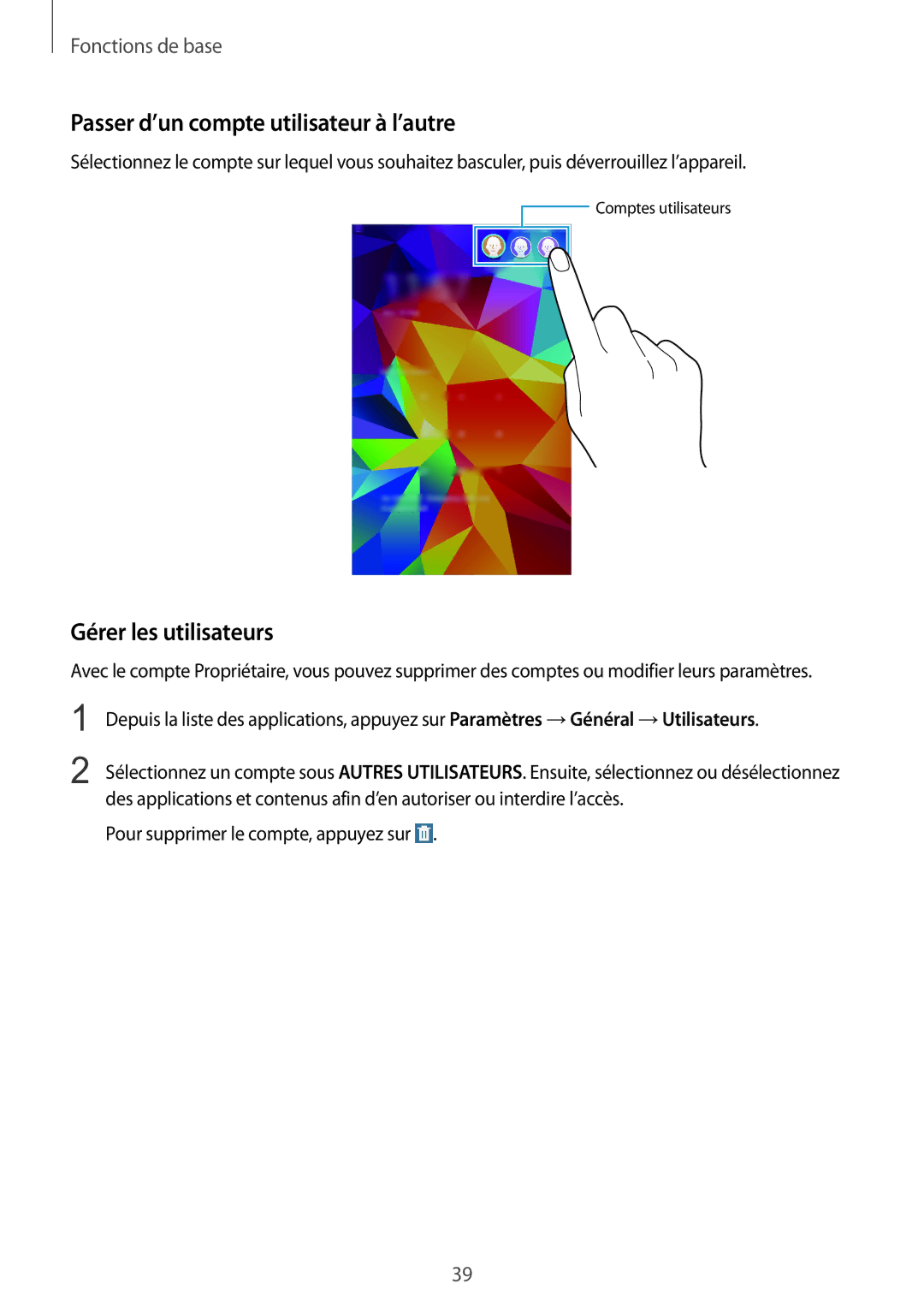 Samsung SM-T335NYKAXEF manual Passer d’un compte utilisateur à l’autre, Gérer les utilisateurs 