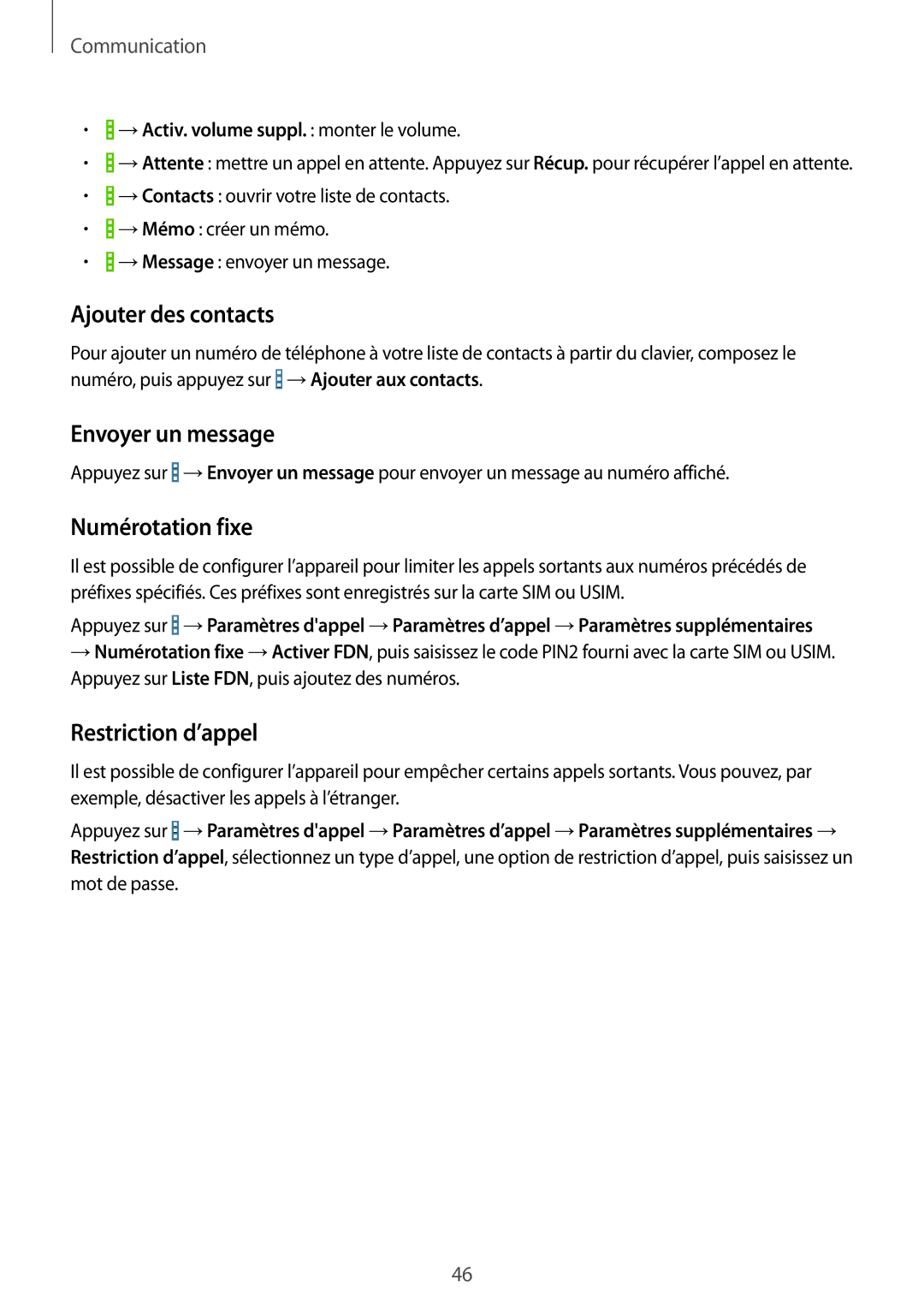 Samsung SM-T335NYKAXEF manual Ajouter des contacts, Envoyer un message, Numérotation fixe, Restriction d’appel 