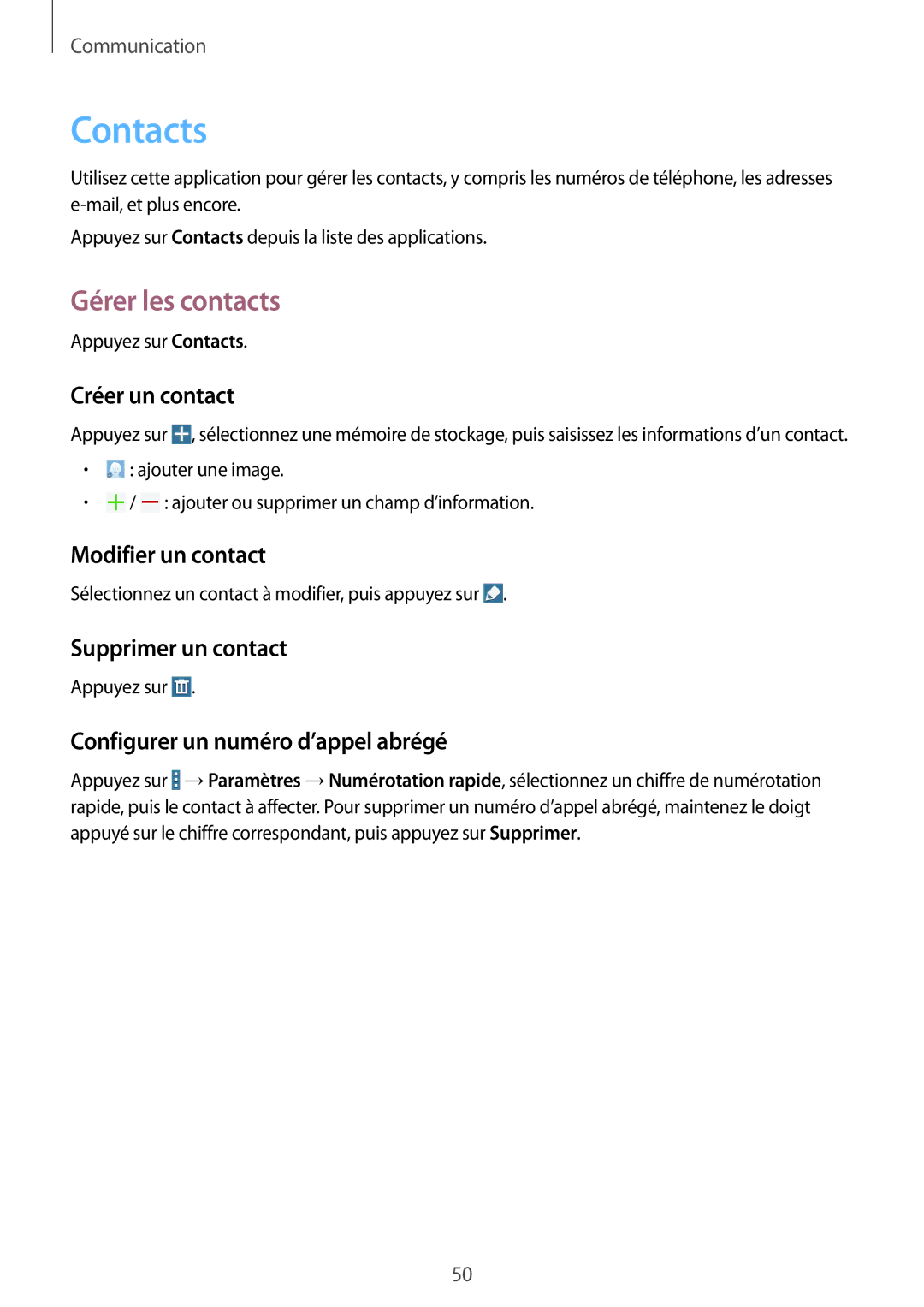 Samsung SM-T335NYKAXEF manual Contacts, Gérer les contacts 