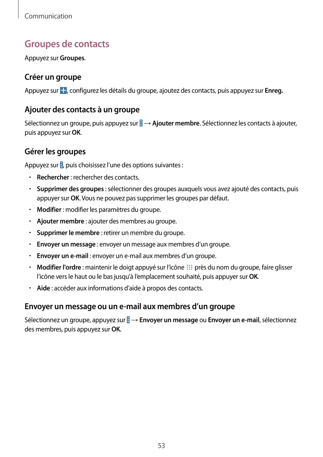 Samsung SM-T335NYKAXEF manual Groupes de contacts, Créer un groupe, Ajouter des contacts à un groupe, Gérer les groupes 