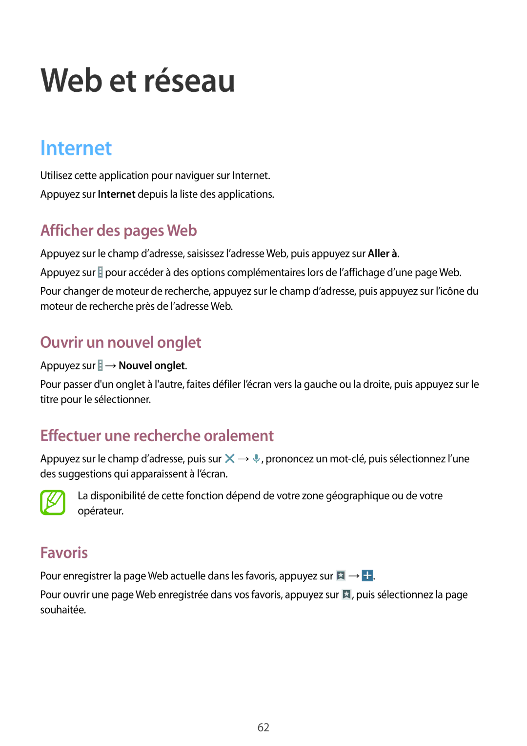 Samsung SM-T335NYKAXEF manual Internet, Afficher des pages Web, Ouvrir un nouvel onglet, Effectuer une recherche oralement 