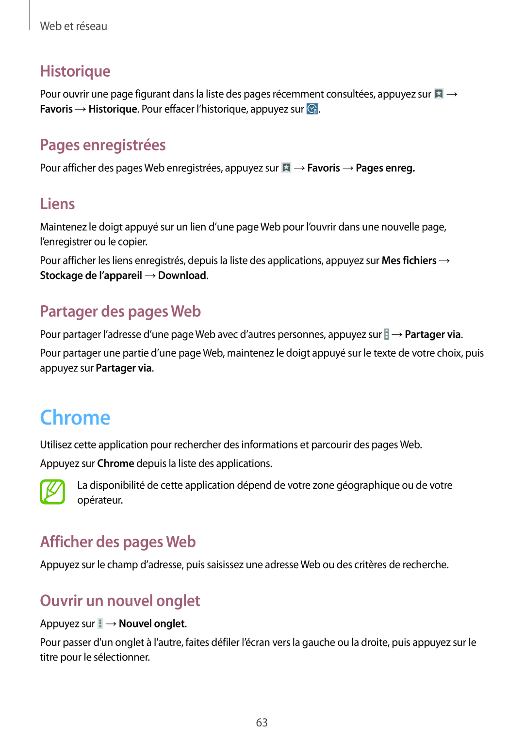 Samsung SM-T335NYKAXEF manual Chrome, Historique, Pages enregistrées, Liens, Partager des pages Web 