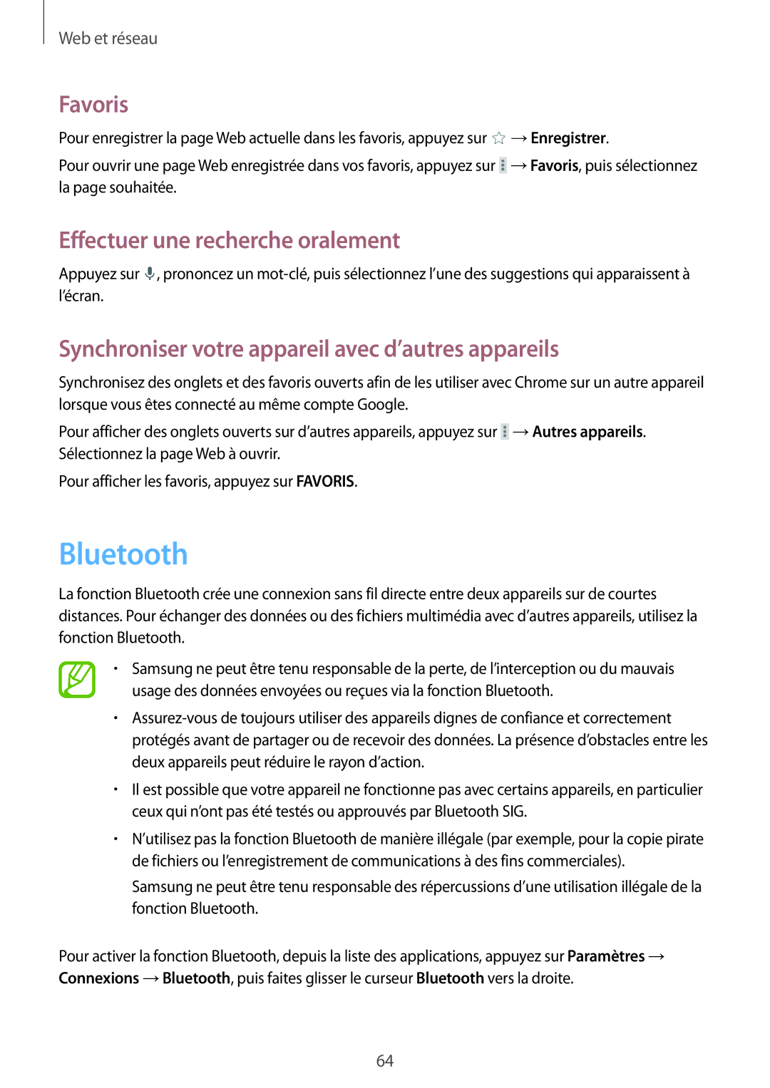 Samsung SM-T335NYKAXEF manual Bluetooth, Synchroniser votre appareil avec d’autres appareils 