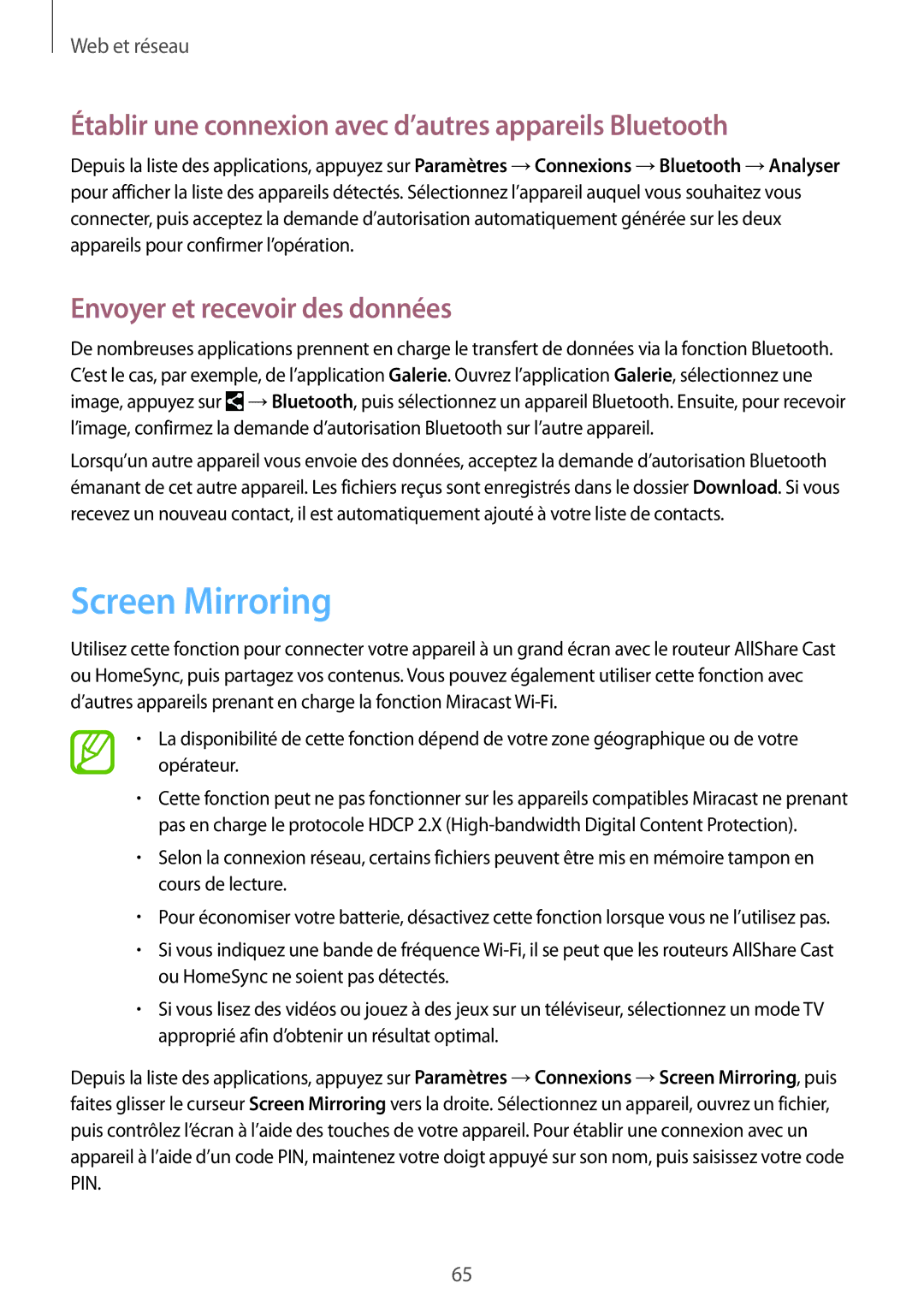 Samsung SM-T335NYKAXEF manual Screen Mirroring, Établir une connexion avec d’autres appareils Bluetooth 