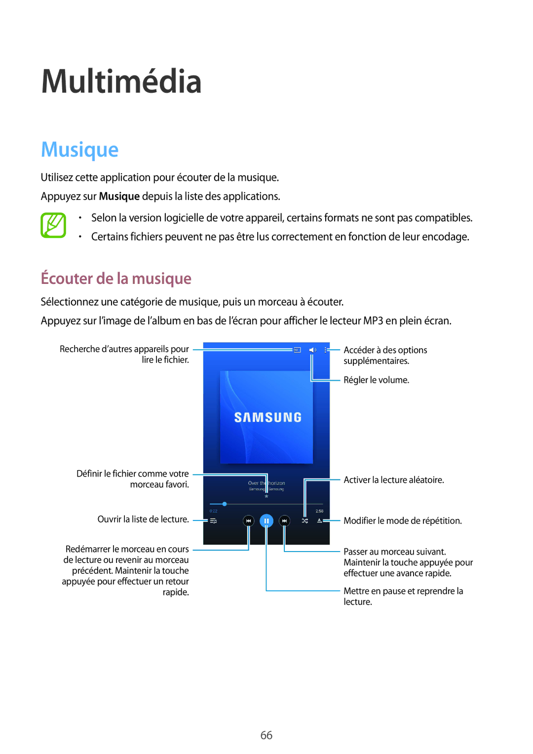 Samsung SM-T335NYKAXEF manual Musique, Écouter de la musique 