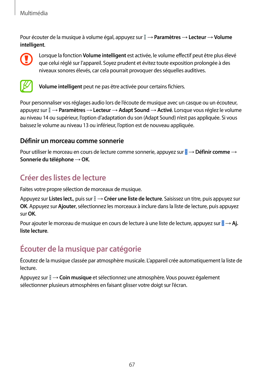 Samsung SM-T335NYKAXEF Créer des listes de lecture, Écouter de la musique par catégorie, Définir un morceau comme sonnerie 