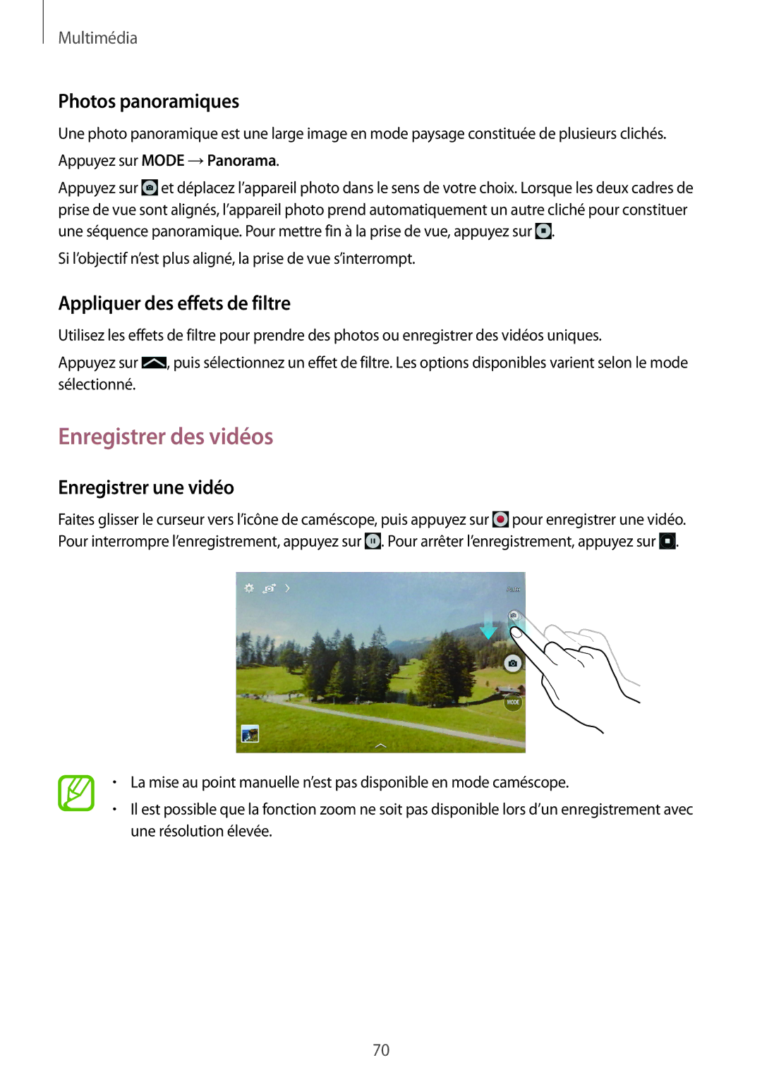 Samsung SM-T335NYKAXEF Enregistrer des vidéos, Photos panoramiques, Appliquer des effets de filtre, Enregistrer une vidéo 