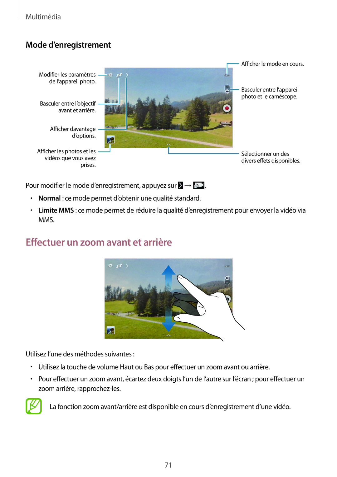 Samsung SM-T335NYKAXEF manual Effectuer un zoom avant et arrière, Mode d’enregistrement 