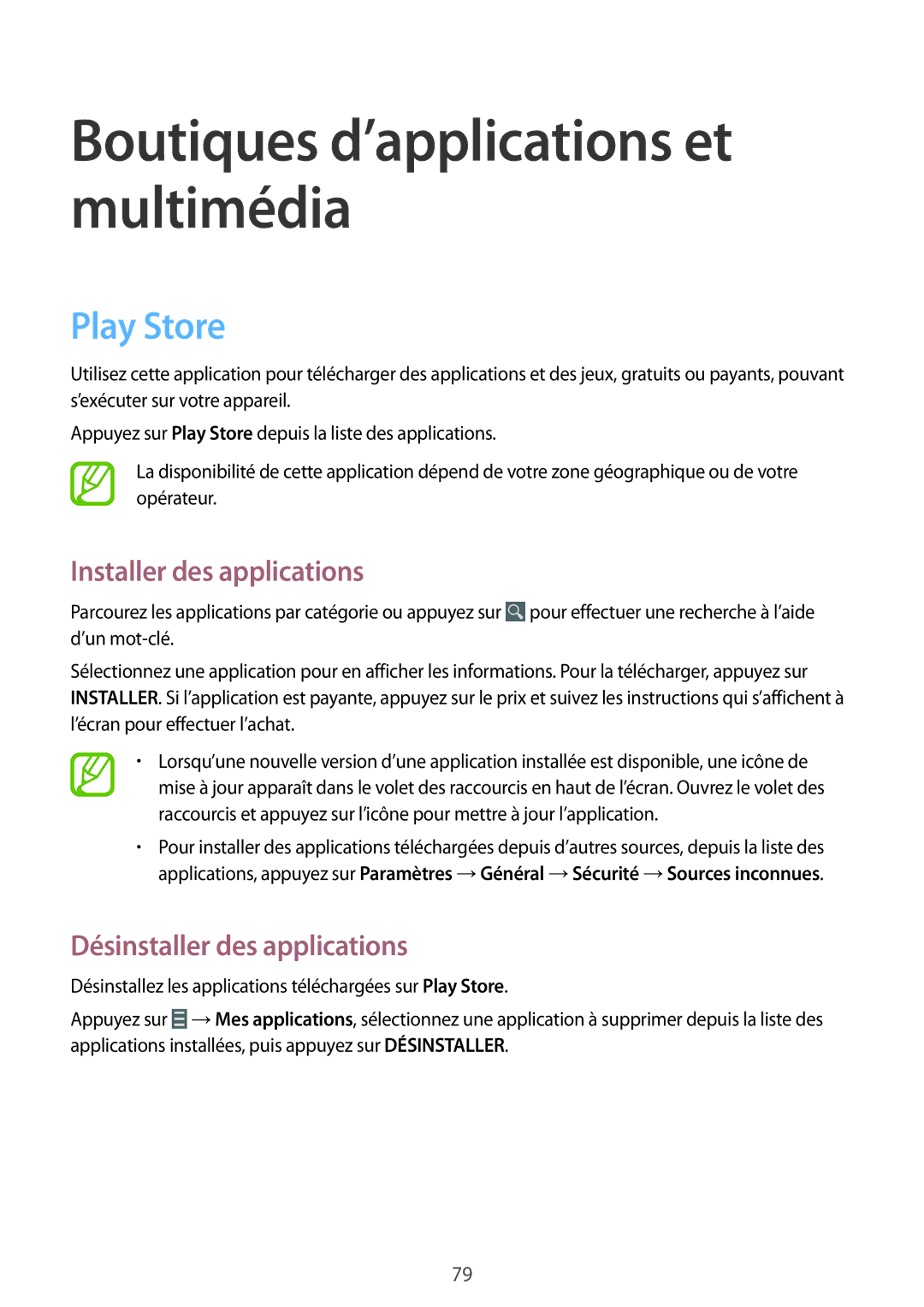 Samsung SM-T335NYKAXEF manual Boutiques d’applications et multimédia, Play Store 