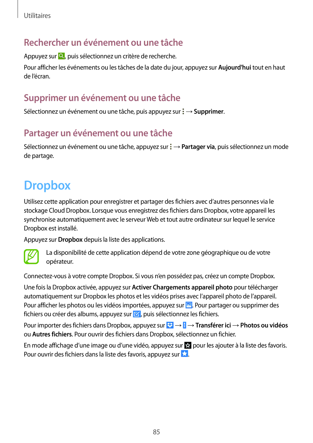 Samsung SM-T335NYKAXEF manual Dropbox, Rechercher un événement ou une tâche, Supprimer un événement ou une tâche 
