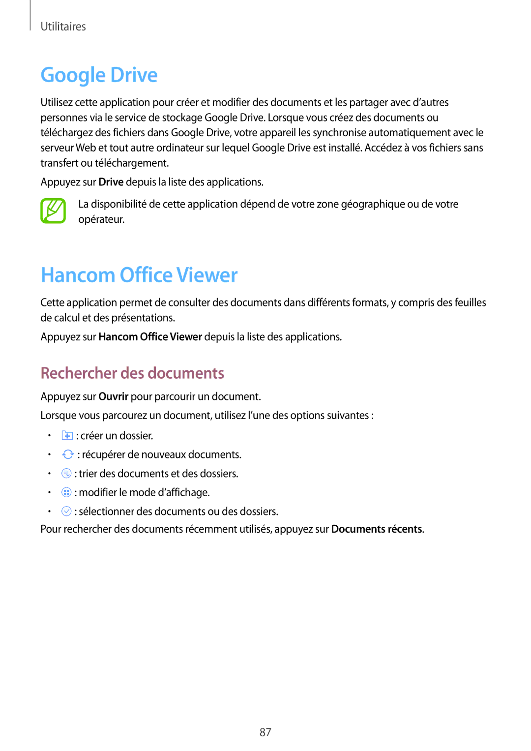 Samsung SM-T335NYKAXEF manual Google Drive, Hancom Office Viewer, Rechercher des documents 