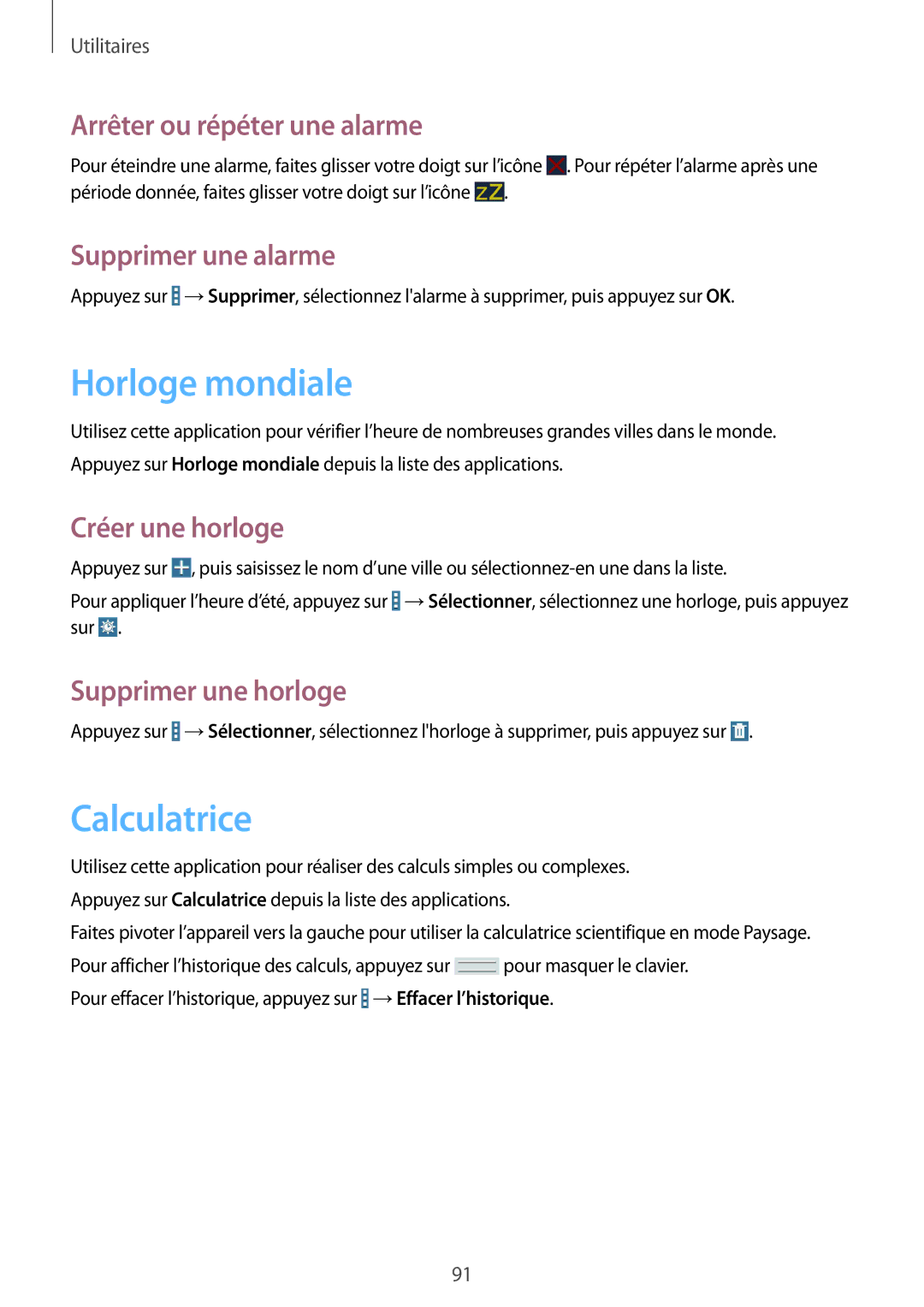 Samsung SM-T335NYKAXEF manual Horloge mondiale, Calculatrice 