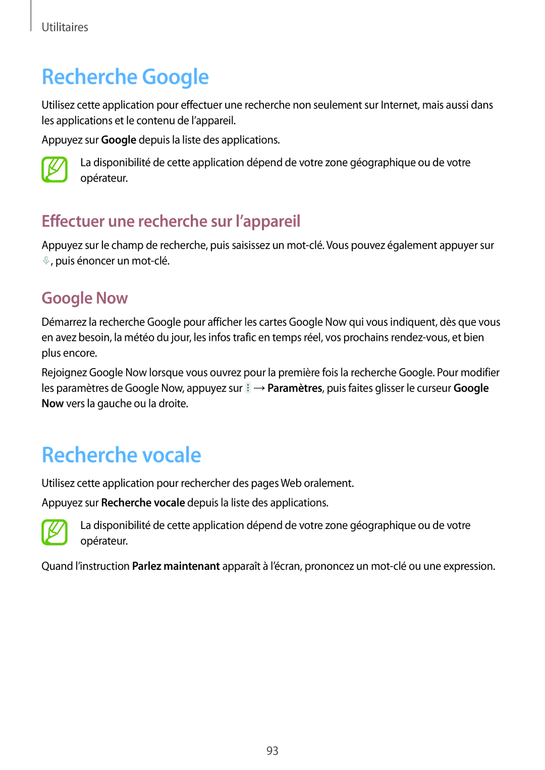 Samsung SM-T335NYKAXEF manual Recherche Google, Recherche vocale, Effectuer une recherche sur l’appareil, Google Now 