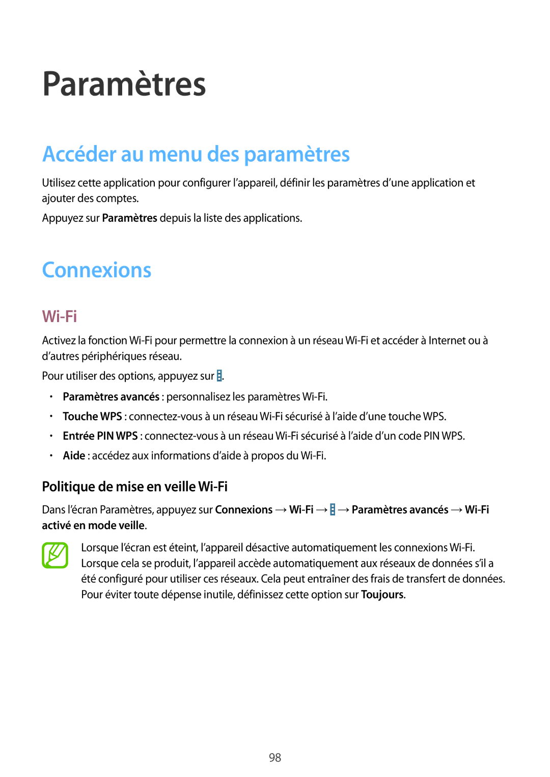 Samsung SM-T335NYKAXEF manual Accéder au menu des paramètres, Connexions, Politique de mise en veille Wi-Fi 