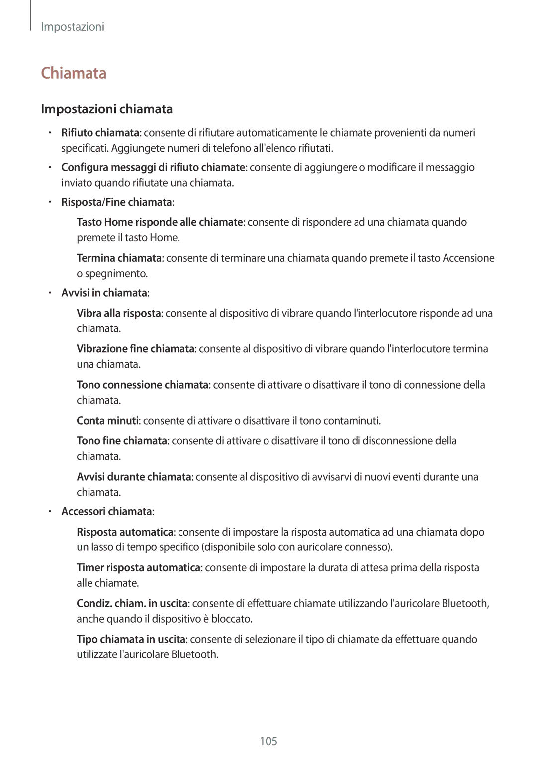 Samsung SM-T335NZWAHUI Chiamata, Impostazioni chiamata, Risposta/Fine chiamata, Avvisi in chiamata, Accessori chiamata 