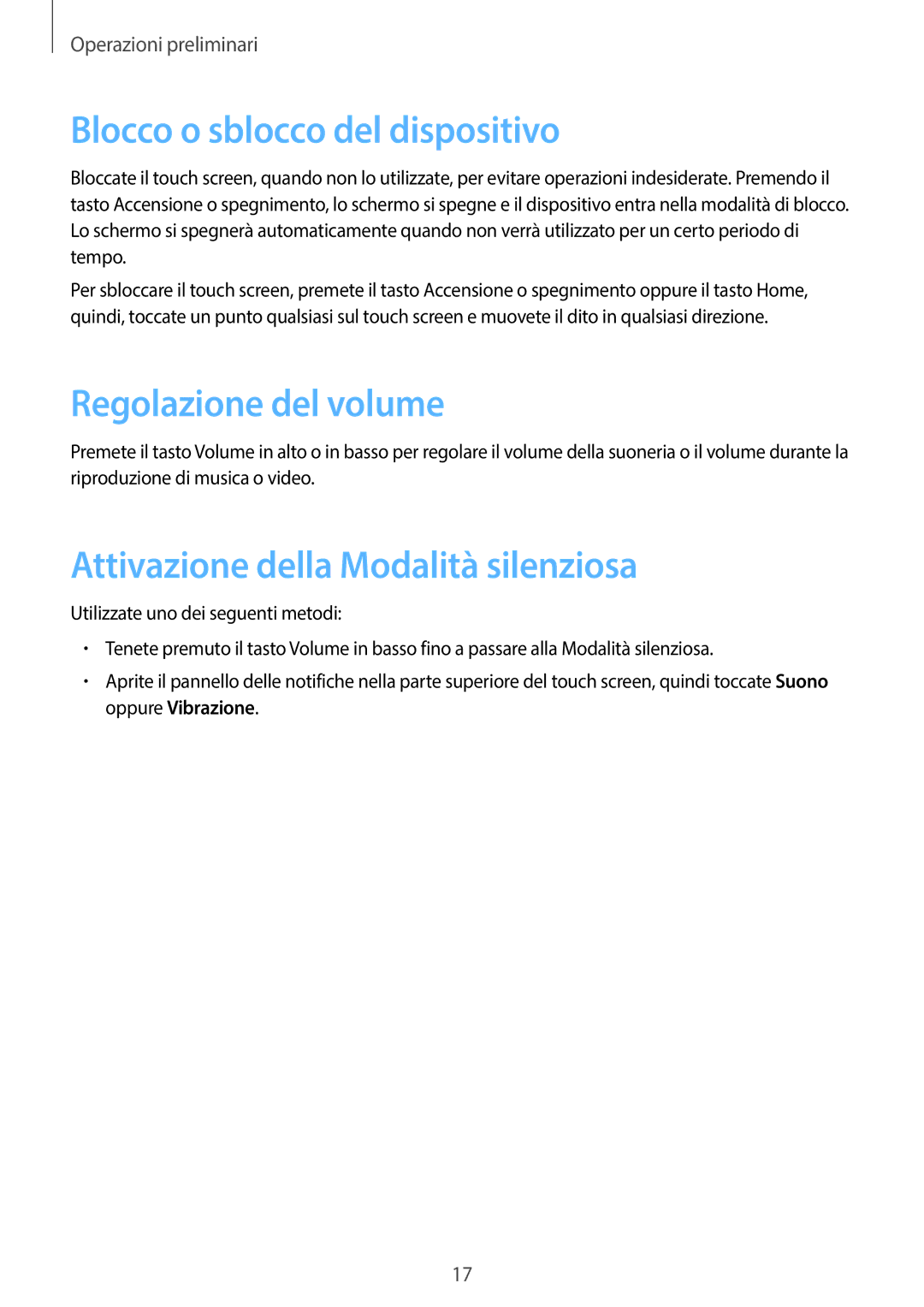 Samsung SM-T335NZWATIM Blocco o sblocco del dispositivo, Regolazione del volume, Attivazione della Modalità silenziosa 