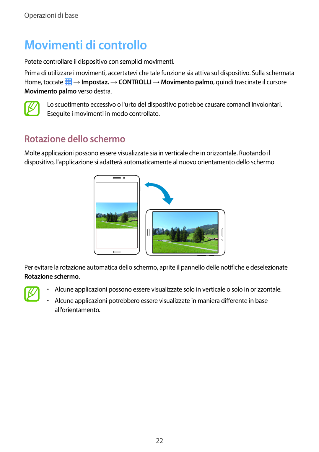 Samsung SM-T335NZWATIM, SM-T335NZWAHUI, SM-T335NZWAOMN, SM-T335NZWAITV manual Movimenti di controllo, Rotazione dello schermo 