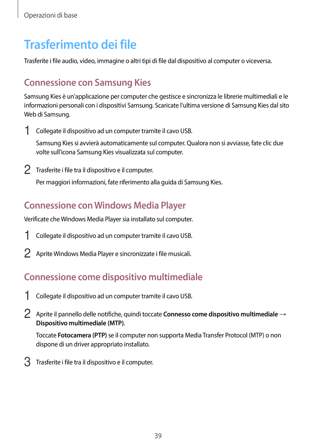 Samsung SM-T335NYKAITV manual Trasferimento dei file, Connessione con Samsung Kies, Connessione con Windows Media Player 