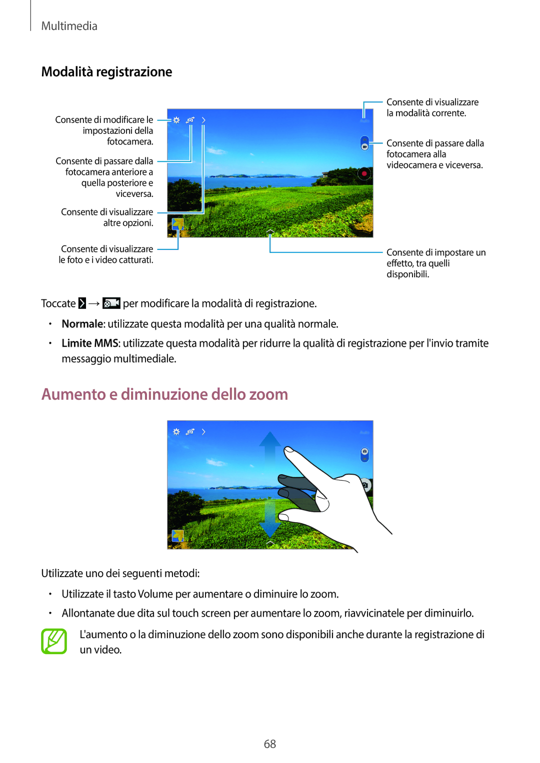Samsung SM-T335NZWAITV, SM-T335NZWAHUI, SM-T335NZWAOMN manual Aumento e diminuzione dello zoom, Modalità registrazione 