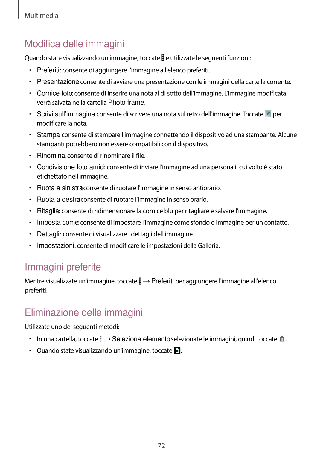 Samsung SM-T335NZWATIM, SM-T335NZWAHUI manual Modifica delle immagini, Immagini preferite, Eliminazione delle immagini 