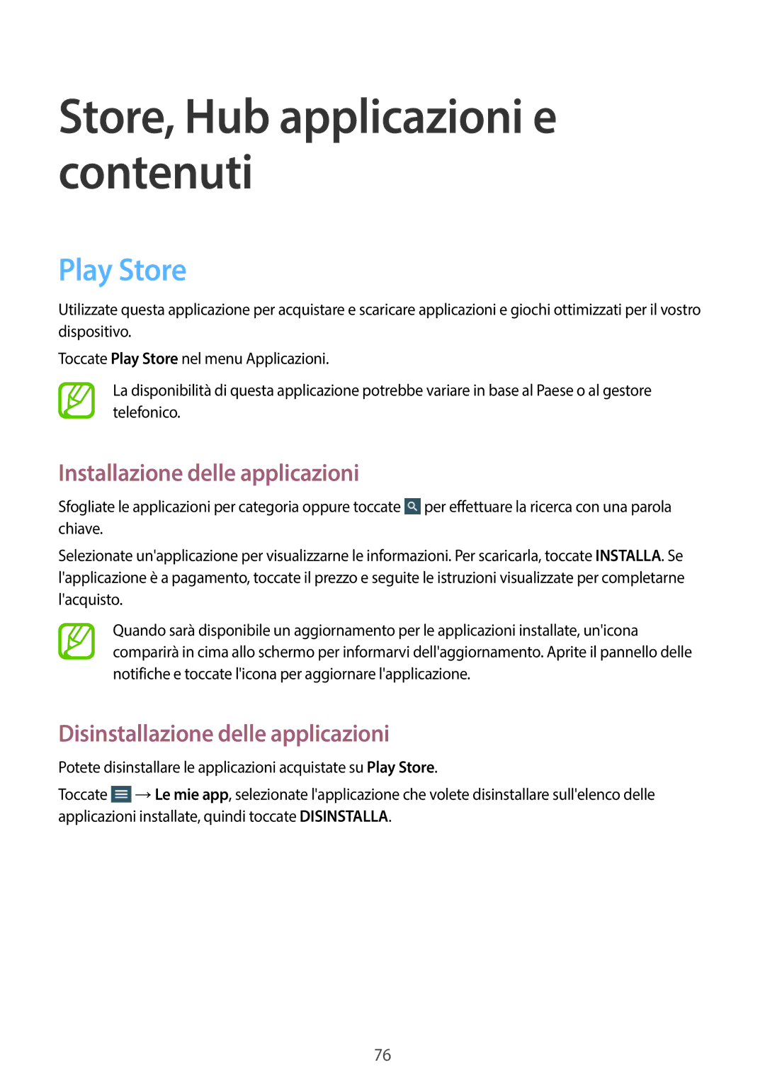 Samsung SM-T335NZWAOMN, SM-T335NZWAHUI, SM-T335NZWATIM, SM-T335NZWAITV manual Store, Hub applicazioni e contenuti, Play Store 