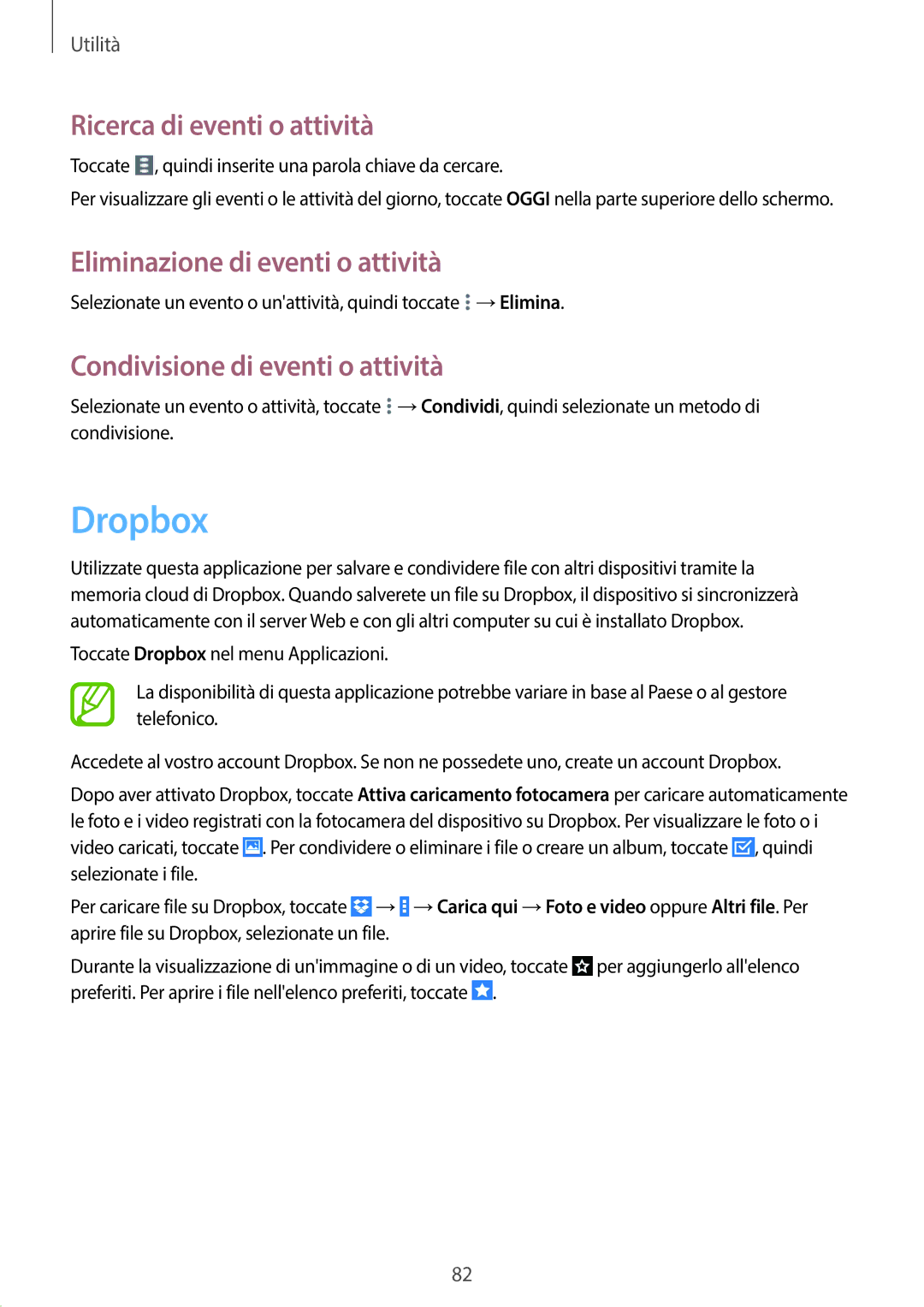 Samsung SM-T335NZWATIM, SM-T335NZWAHUI manual Dropbox, Ricerca di eventi o attività, Eliminazione di eventi o attività 