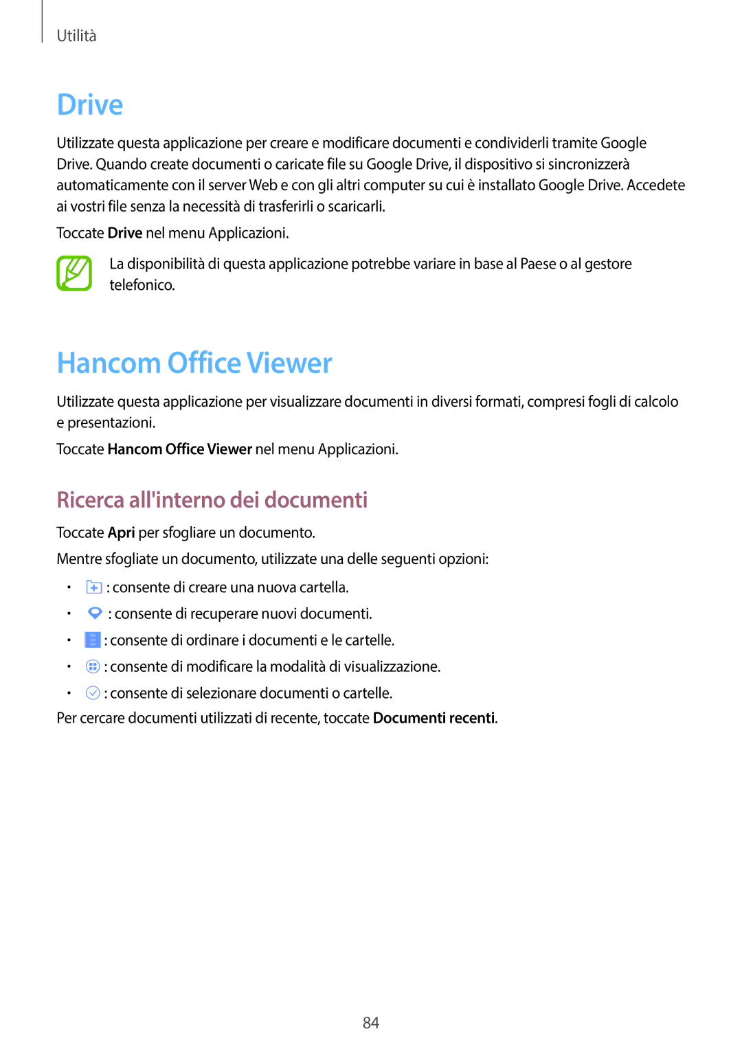 Samsung SM-T335NYKAITV, SM-T335NZWAHUI, SM-T335NZWAOMN manual Drive, Hancom Office Viewer, Ricerca allinterno dei documenti 