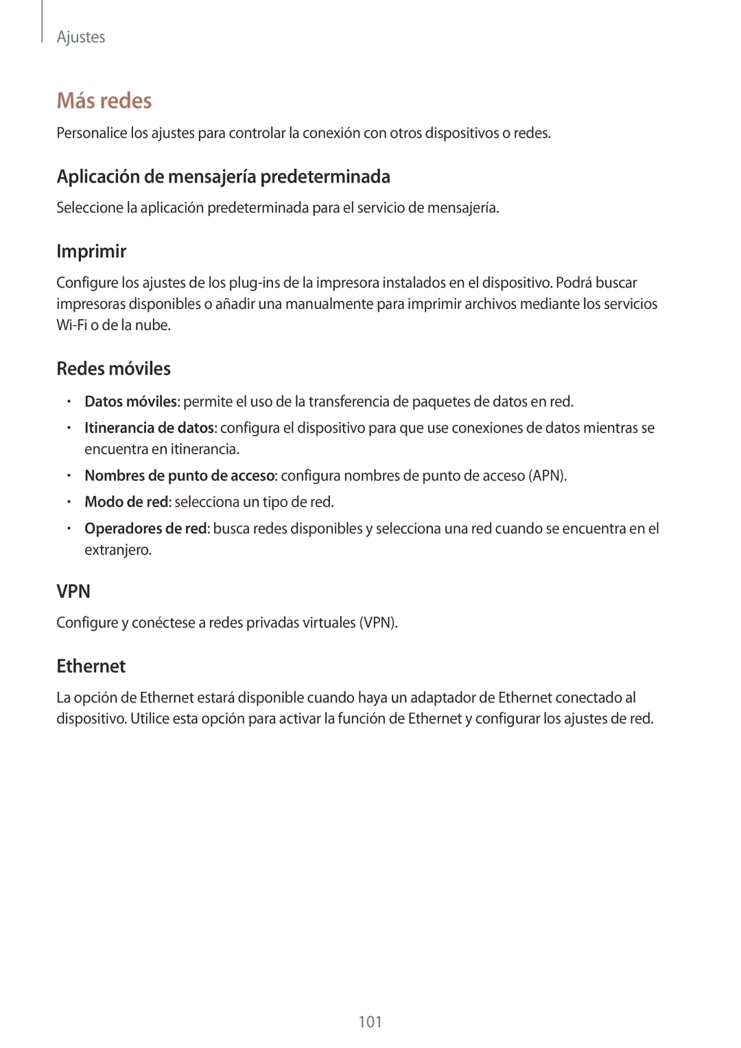 Samsung SM-T335NYKAPHE manual Más redes, Aplicación de mensajería predeterminada, Imprimir, Redes móviles, Ethernet 