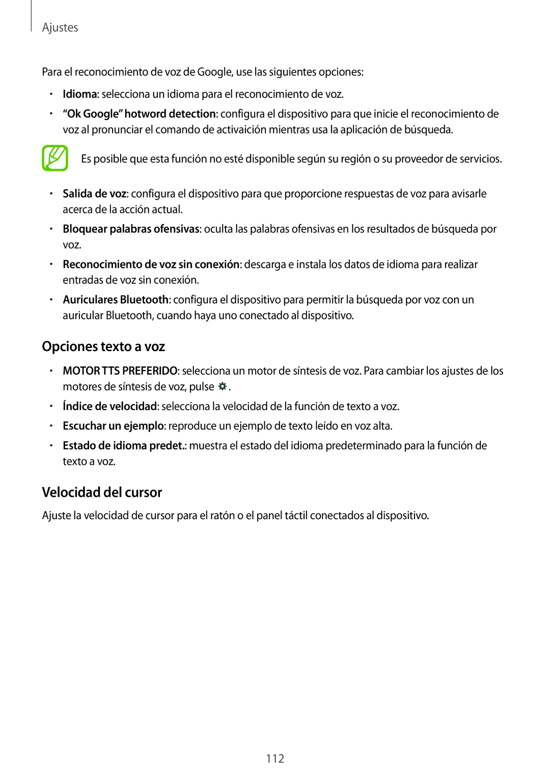 Samsung SM-T335NYKAATL, SM-T335NZWAPHE, SM-T335NYKAPHE manual Opciones texto a voz, Velocidad del cursor 