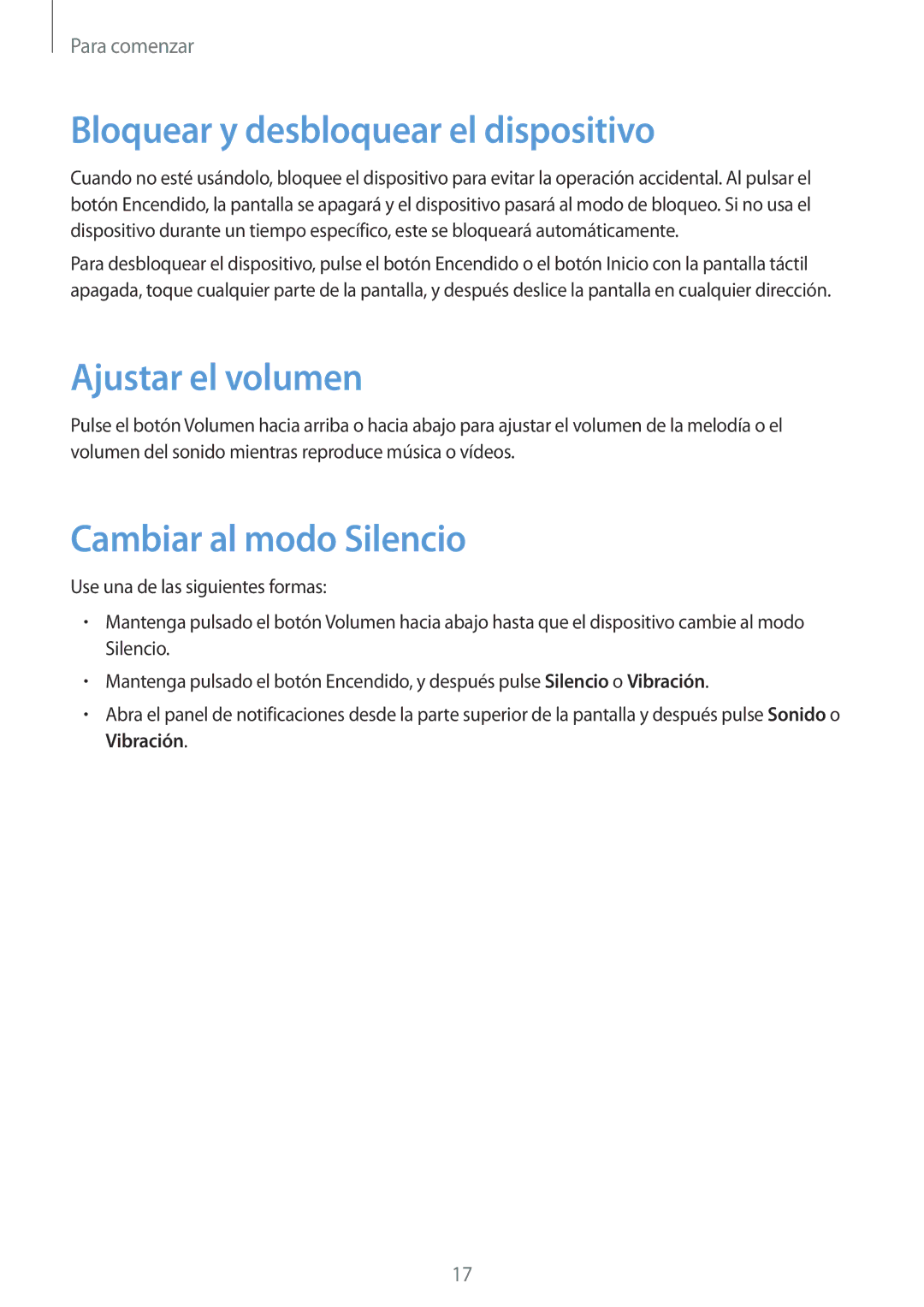 Samsung SM-T335NYKAPHE, SM-T335NZWAPHE Bloquear y desbloquear el dispositivo, Ajustar el volumen, Cambiar al modo Silencio 