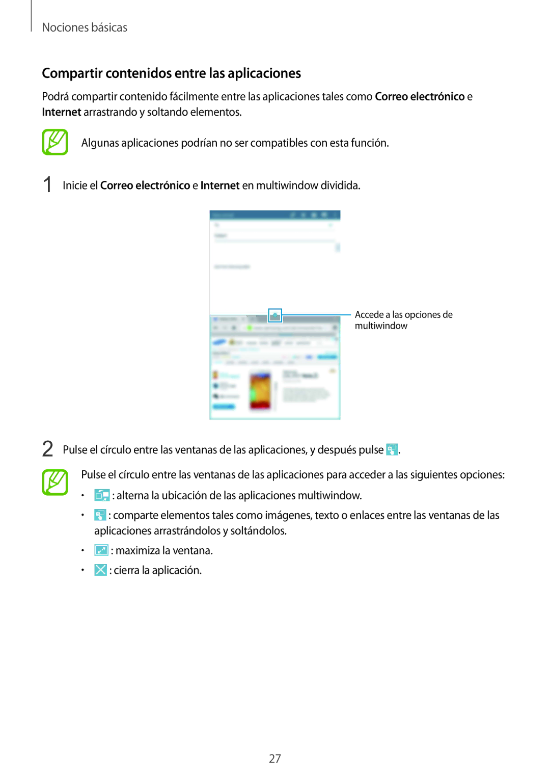 Samsung SM-T335NZWAPHE, SM-T335NYKAATL, SM-T335NYKAPHE manual Compartir contenidos entre las aplicaciones 