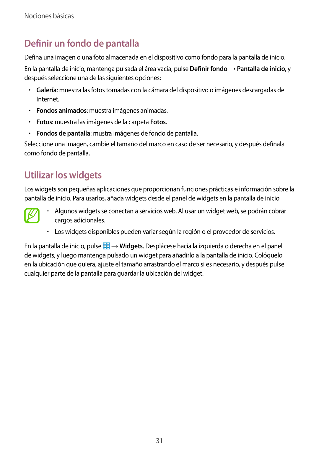 Samsung SM-T335NYKAATL, SM-T335NZWAPHE, SM-T335NYKAPHE manual Definir un fondo de pantalla, Utilizar los widgets 