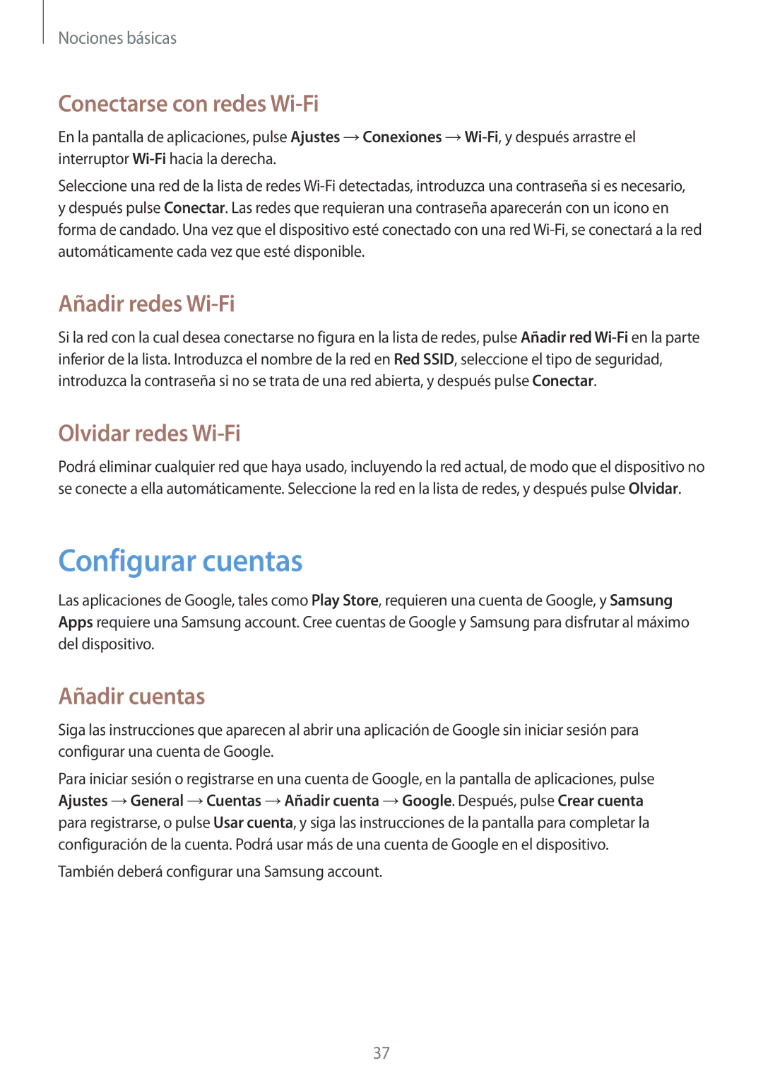 Samsung SM-T335NYKAATL manual Configurar cuentas, Conectarse con redes Wi-Fi, Añadir redes Wi-Fi, Olvidar redes Wi-Fi 