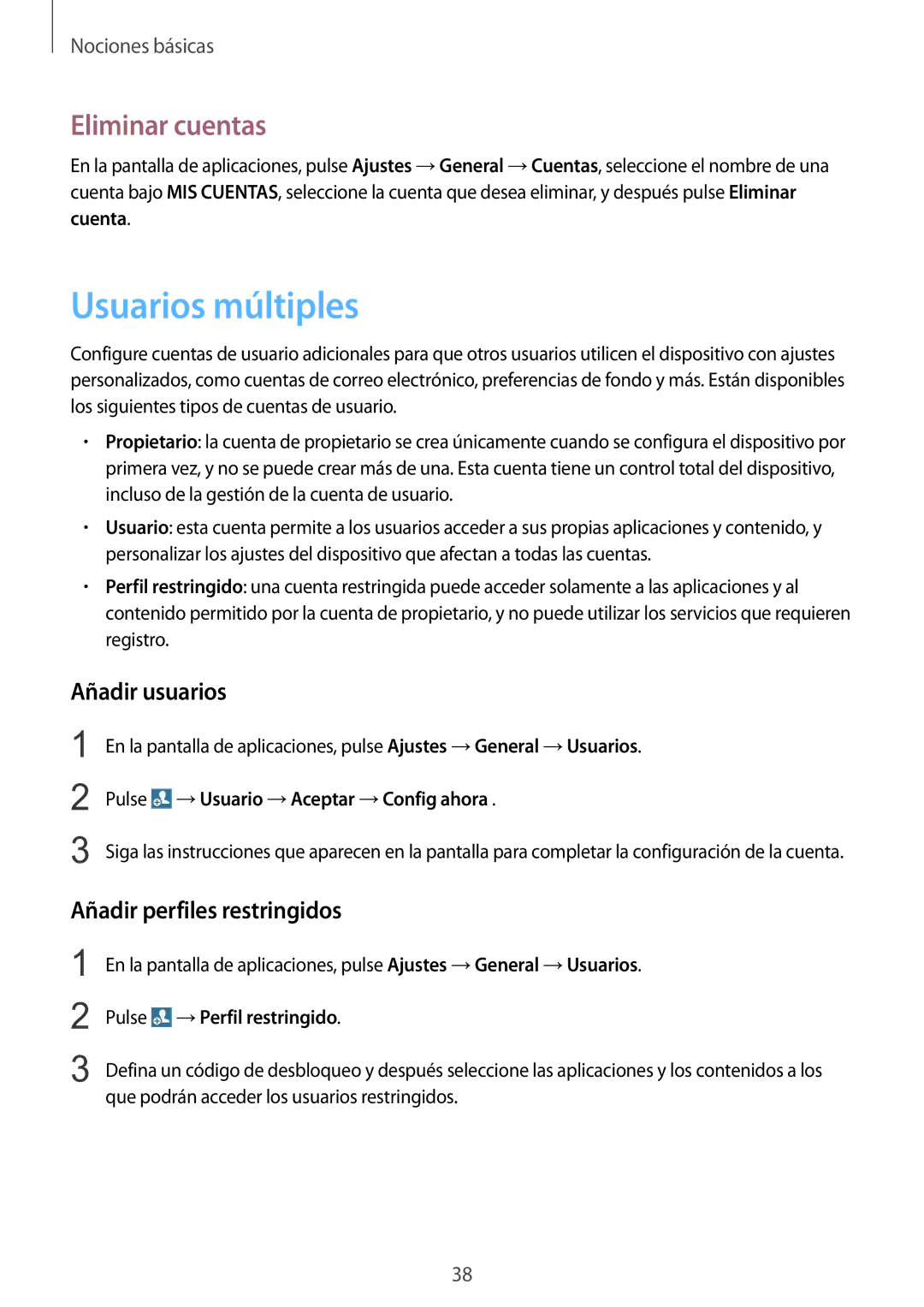 Samsung SM-T335NYKAPHE, SM-T335NZWAPHE Usuarios múltiples, Eliminar cuentas, Añadir usuarios, Añadir perfiles restringidos 