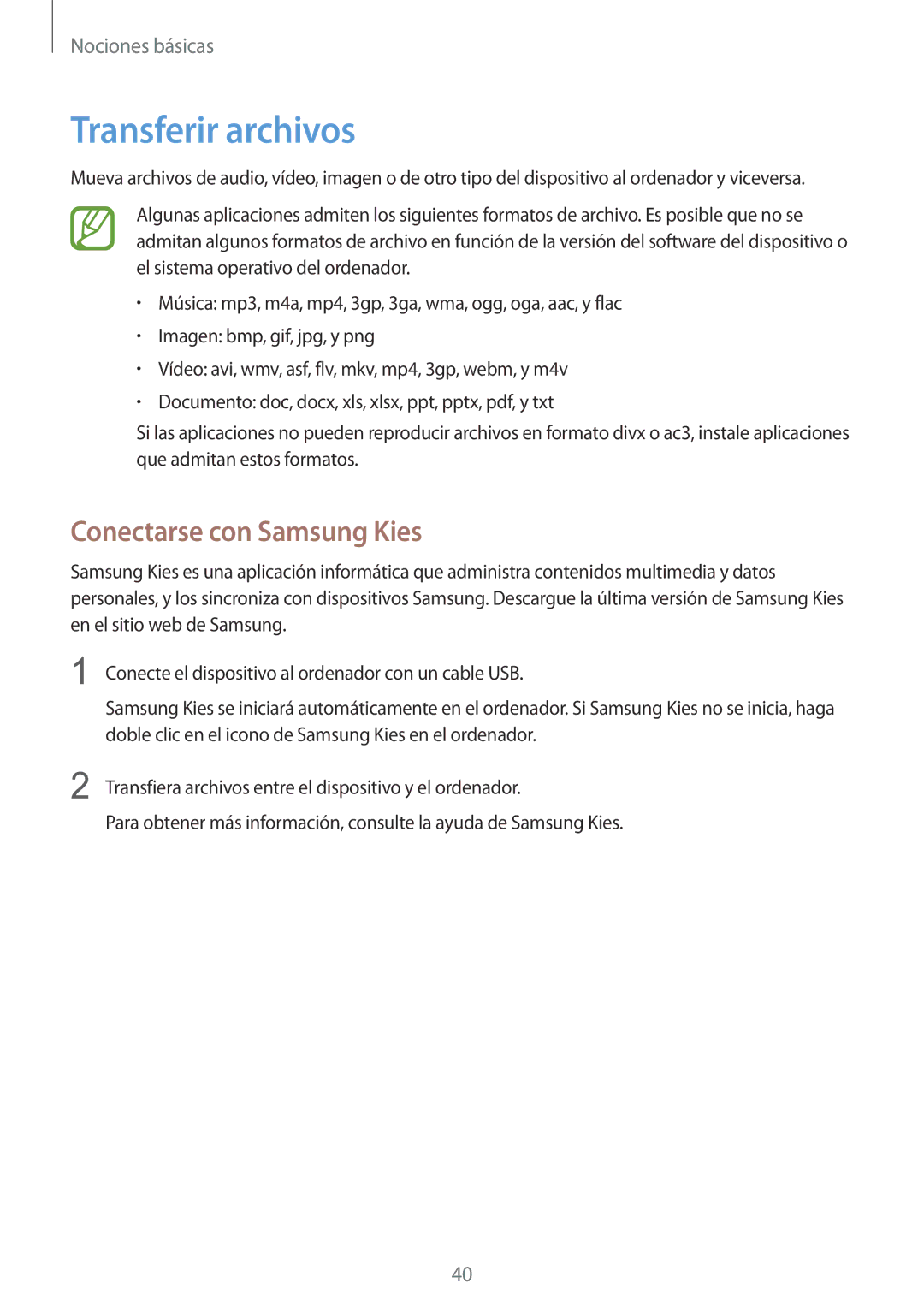 Samsung SM-T335NYKAATL, SM-T335NZWAPHE, SM-T335NYKAPHE manual Transferir archivos, Conectarse con Samsung Kies 