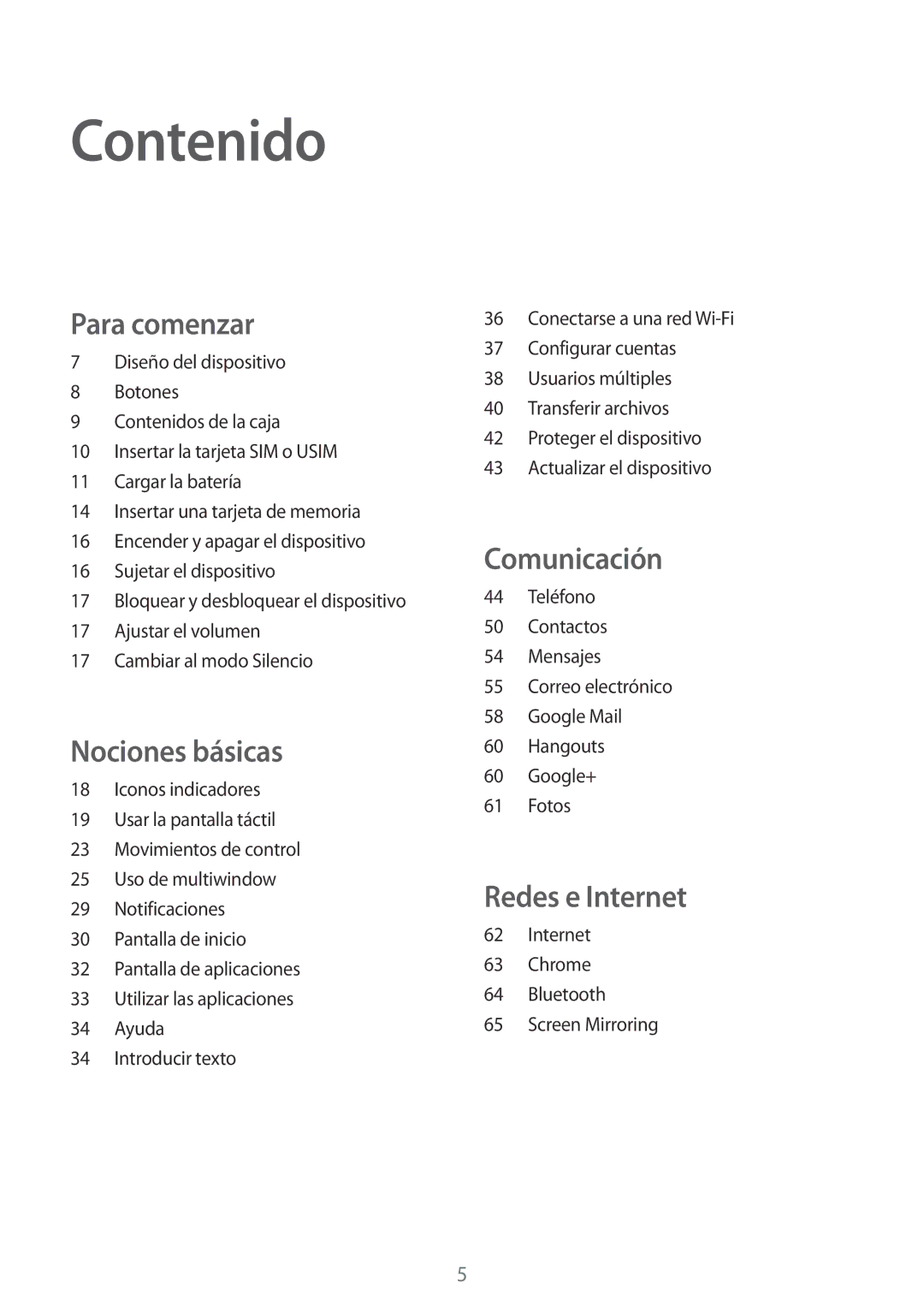 Samsung SM-T335NYKAPHE, SM-T335NZWAPHE, SM-T335NYKAATL manual Contenido, Para comenzar 