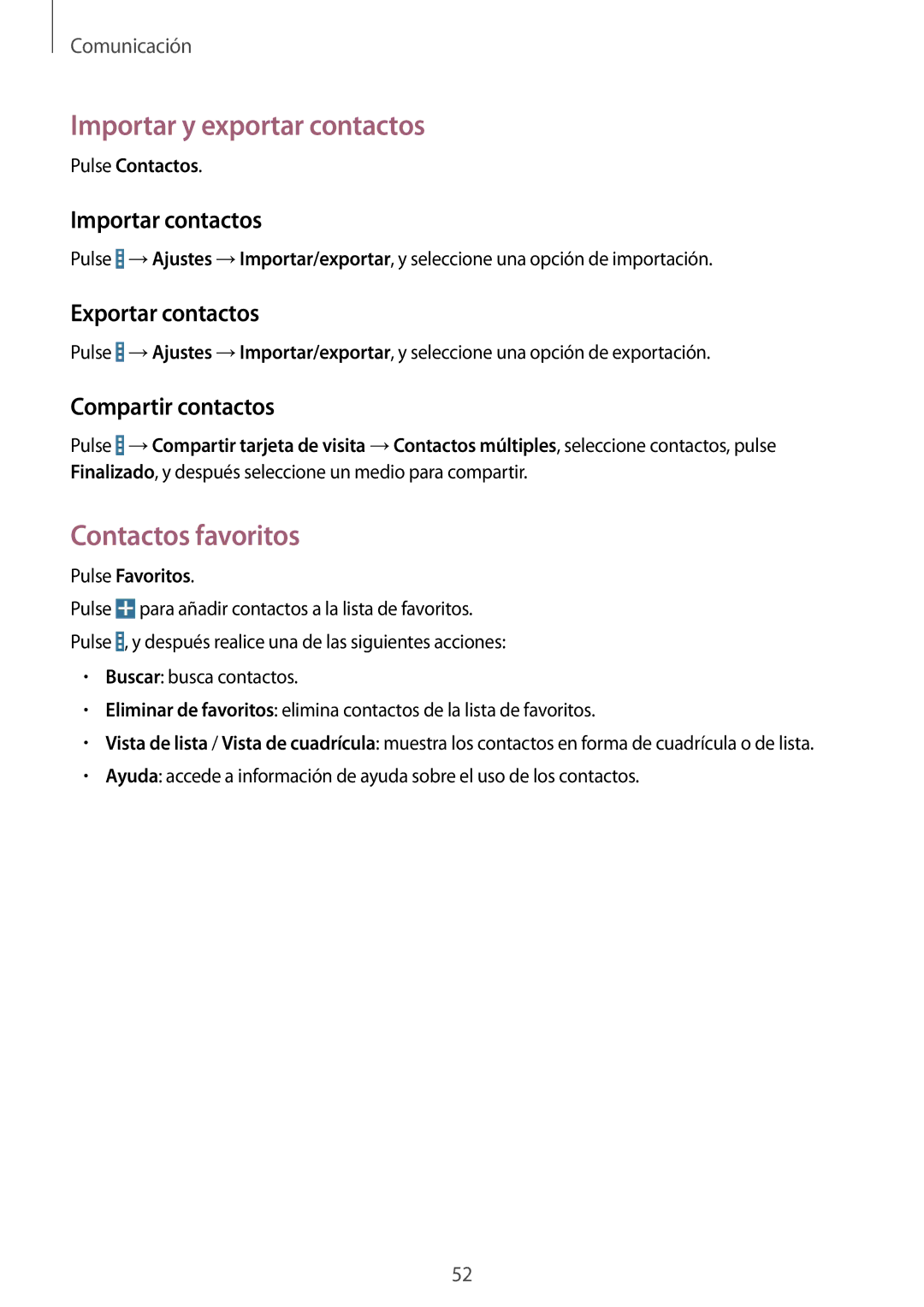 Samsung SM-T335NYKAATL manual Importar y exportar contactos, Contactos favoritos, Importar contactos, Exportar contactos 