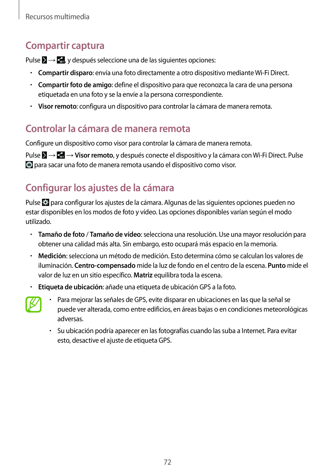 Samsung SM-T335NZWAPHE manual Compartir captura, Controlar la cámara de manera remota, Configurar los ajustes de la cámara 