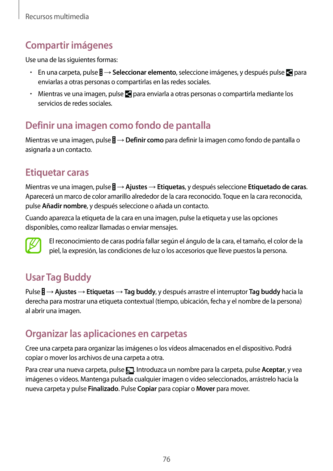 Samsung SM-T335NYKAATL Compartir imágenes, Definir una imagen como fondo de pantalla, Etiquetar caras, Usar Tag Buddy 