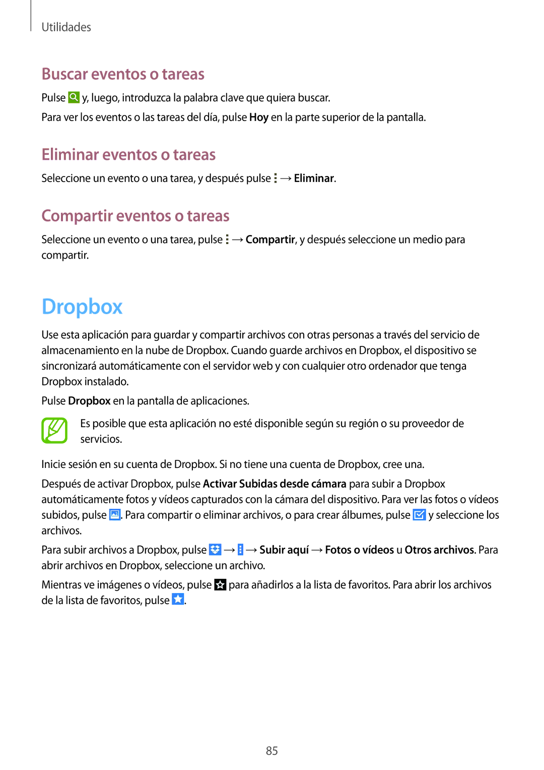 Samsung SM-T335NYKAATL manual Dropbox, Buscar eventos o tareas, Eliminar eventos o tareas, Compartir eventos o tareas 