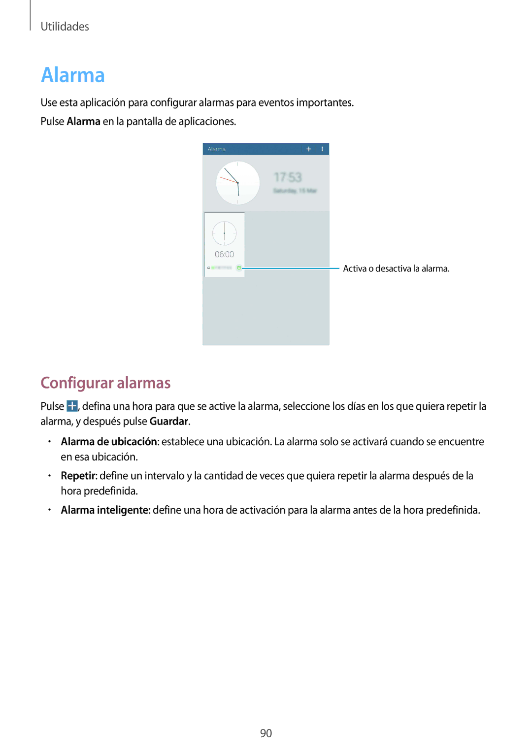 Samsung SM-T335NZWAPHE, SM-T335NYKAATL, SM-T335NYKAPHE manual Alarma, Configurar alarmas 