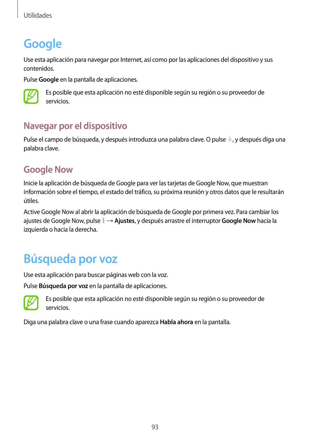 Samsung SM-T335NZWAPHE, SM-T335NYKAATL, SM-T335NYKAPHE manual Búsqueda por voz, Navegar por el dispositivo, Google Now 