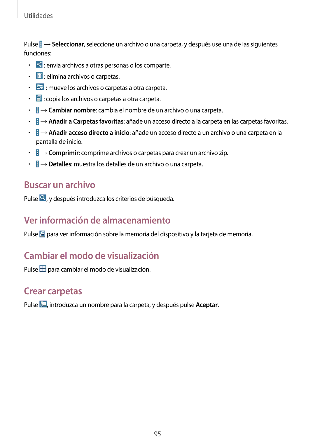 Samsung SM-T335NYKAPHE manual Buscar un archivo, Ver información de almacenamiento, Cambiar el modo de visualización 