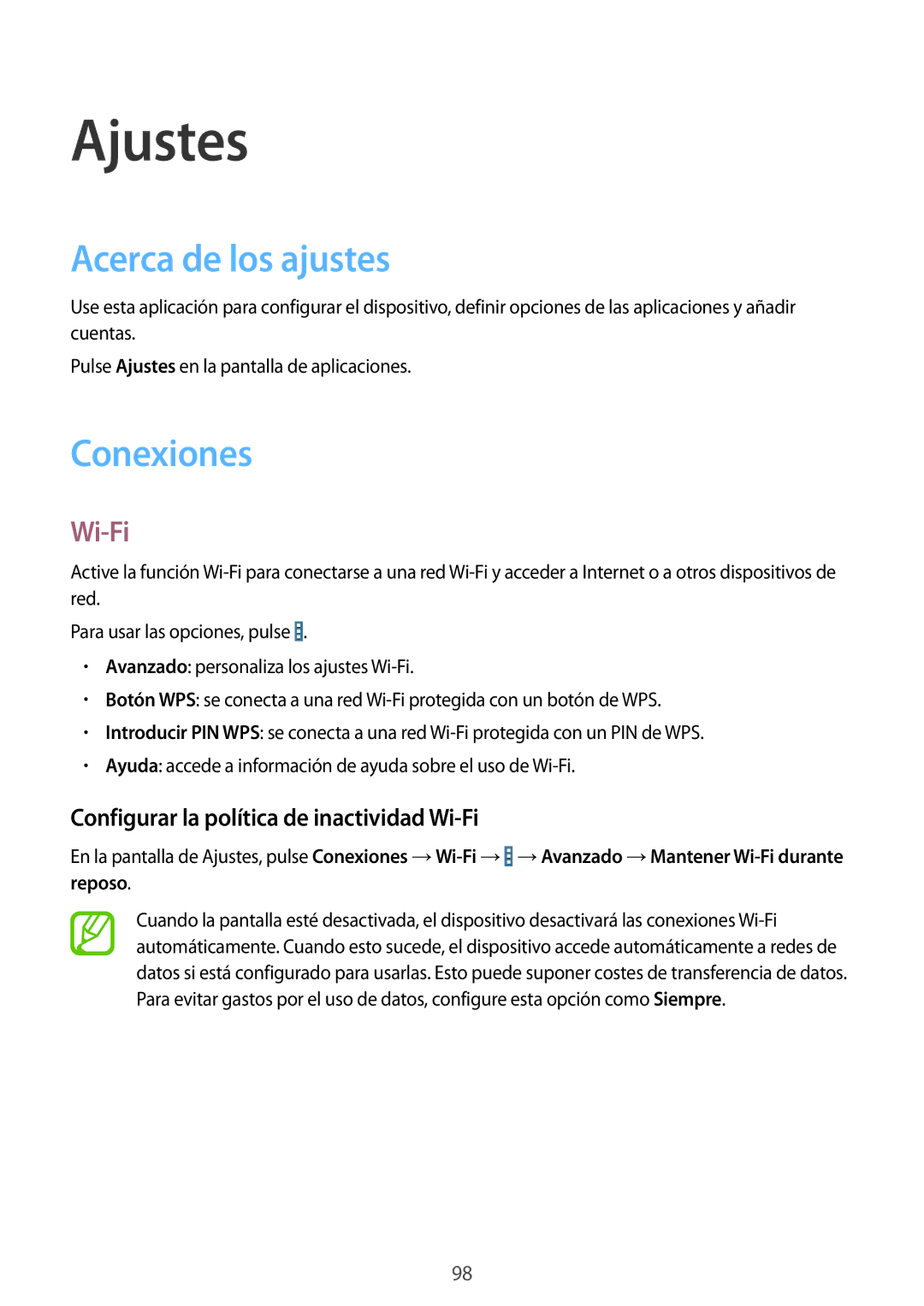 Samsung SM-T335NYKAPHE manual Ajustes, Acerca de los ajustes, Conexiones, Configurar la política de inactividad Wi-Fi 