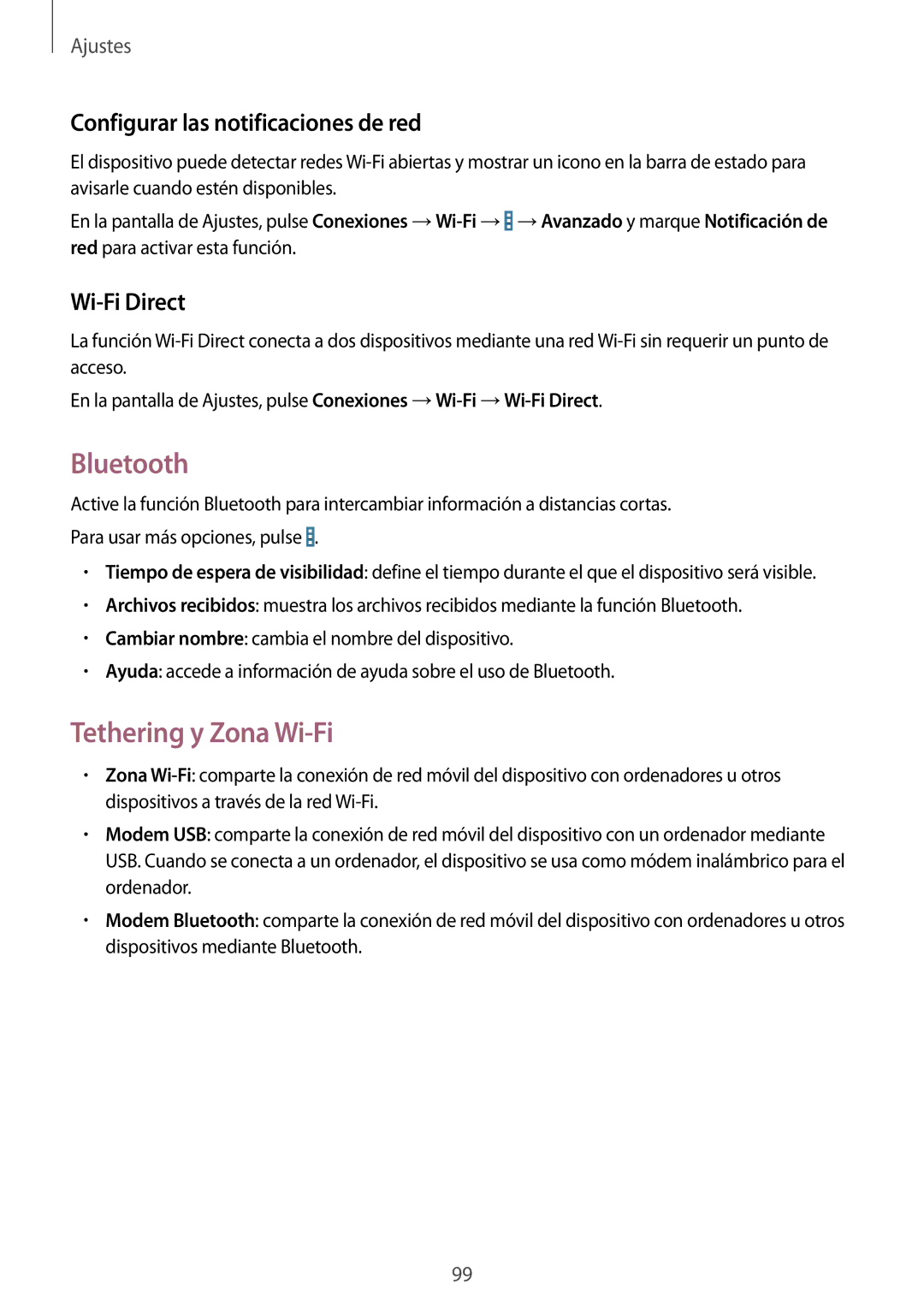 Samsung SM-T335NZWAPHE manual Bluetooth, Tethering y Zona Wi-Fi, Configurar las notificaciones de red, Wi-Fi Direct 